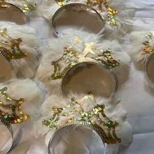 New Year's Eve white and gold feathered tiaras or headpieces, 50 new in box.